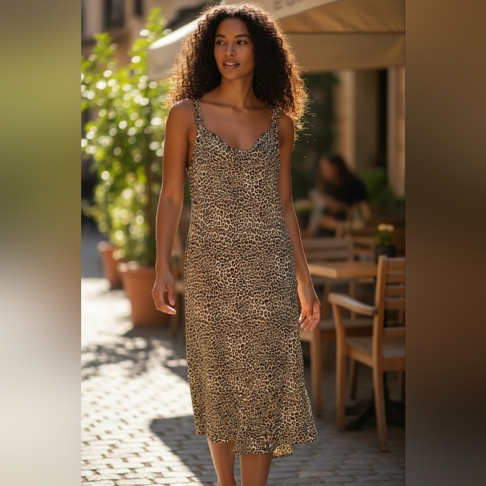 Thalia Sodi Leopard Print Dress Midi Latched Shoulder Straps Hi Low Fall Style